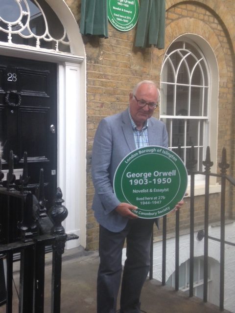 Richard Blair - George Orwell's adopted son - back outside the house where the family lived. The plaque was put up in May 2016 with help from the Canonbury Society & Islington Council (c) P May/islington faces blog